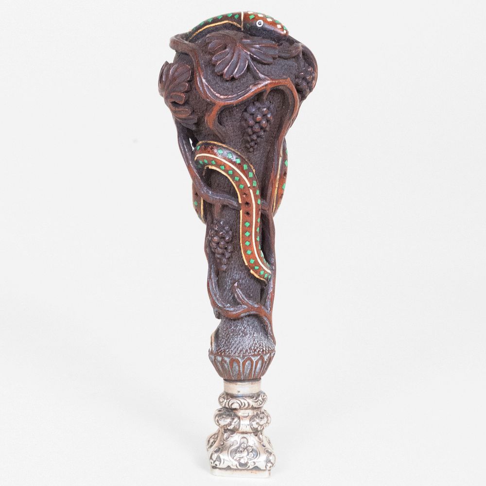 Appraisal: Continental Inlaid Carved Wood Cane Handle Mounted with a French