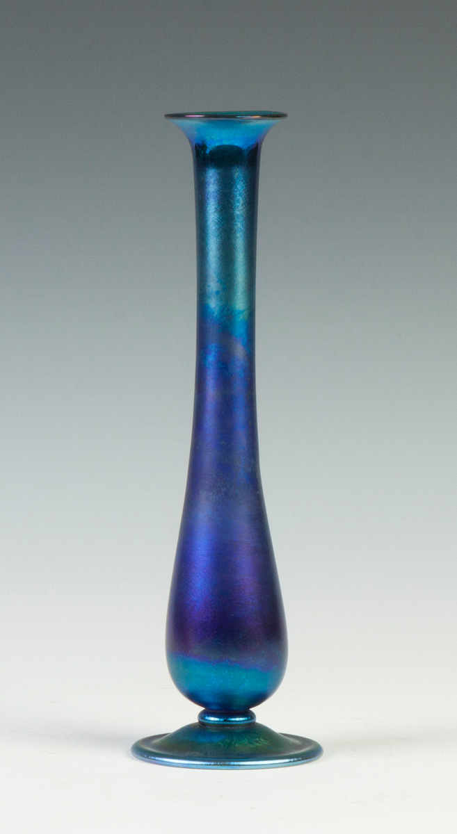 Appraisal: Tiffany Iridescent Blue Bud Vase Sgn LCTiffany Favrile L