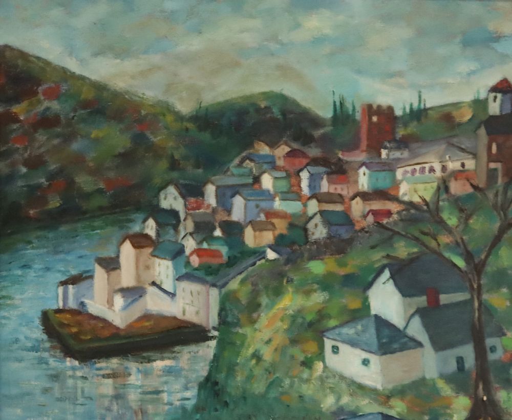 Appraisal: ILLEGIBLY Signed Oil On Canvas Houses On River Sgd center