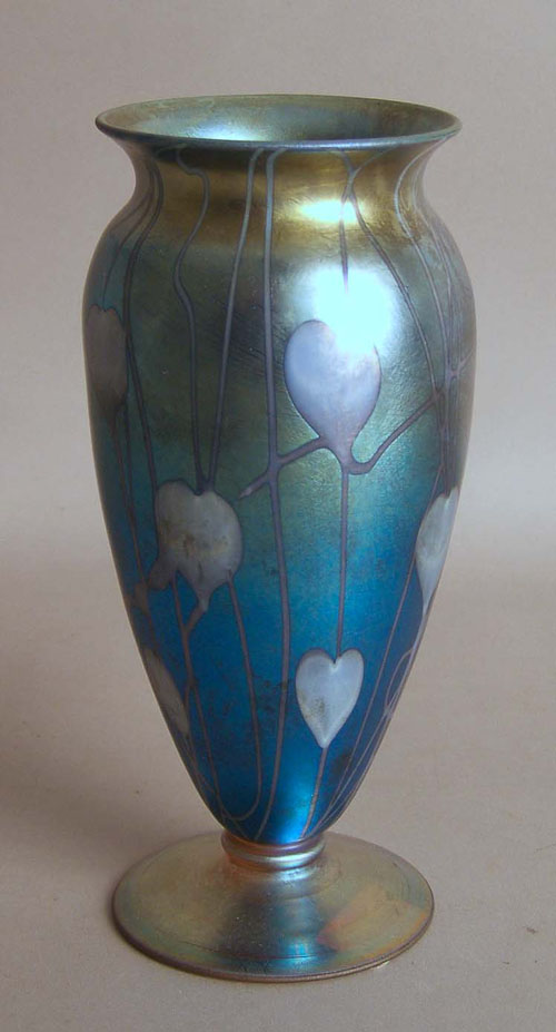 Appraisal: Durand iridescent blue vase with white vines h