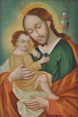 Appraisal: An Antique Mexican Santos Painting Saint Joseph and The Baby