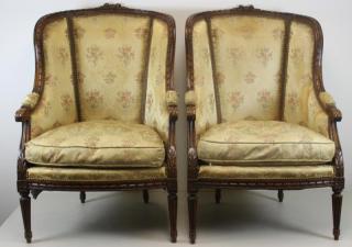 Appraisal: Pair of th Century Finely Carved Silk Upholstered and Down