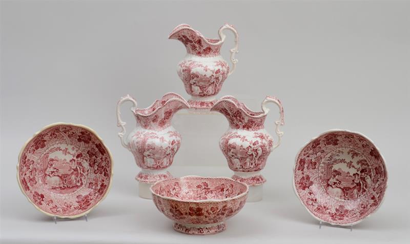 Appraisal: THREE STAFFORDSHIRE TRANSFER-PRINTED EWER AND BASIN SETS The ewers with