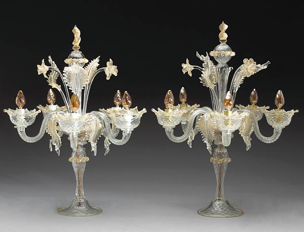 Appraisal: A pair of Murano gold flecked colorless glass five light