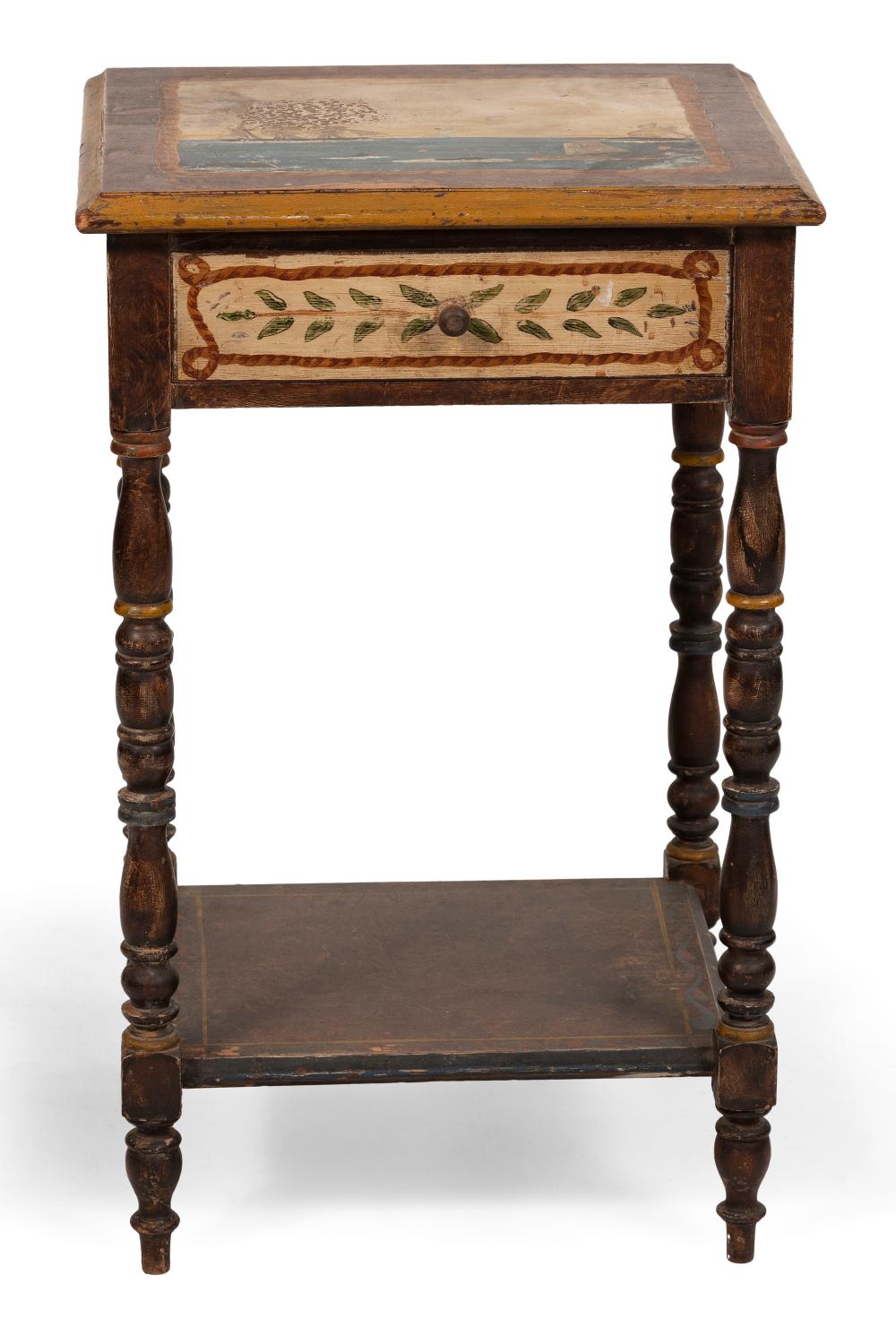 Appraisal: HAND-PAINTED SHERATON-STYLE ONE-DRAWER STAND AMERICA MID- TH CENTURY HEIGHT WIDTH