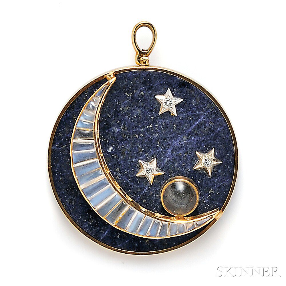 Appraisal: kt Gold Lapis Moonstone and Diamond Pendant Brooch the circular