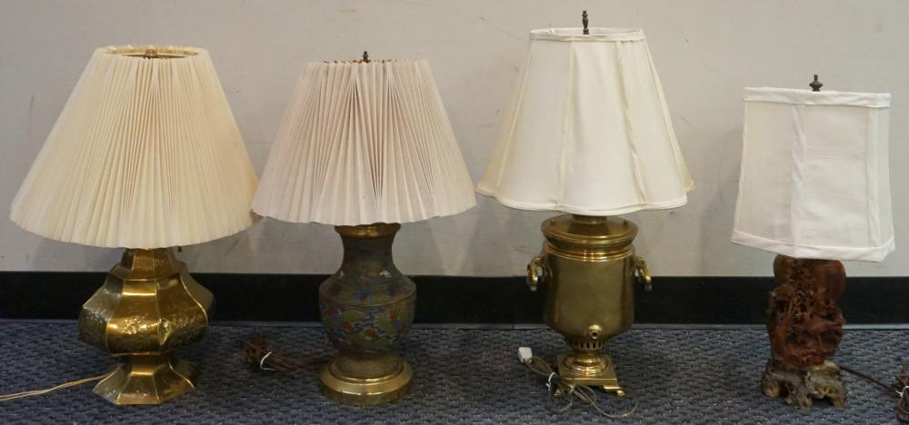 Appraisal: Chinese Carved Soapstone Table Lamp Champleve Table Lamp and Two