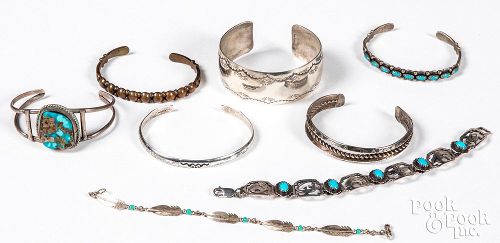 Appraisal: Eight Native American silver and copper bracelets Eight Native American