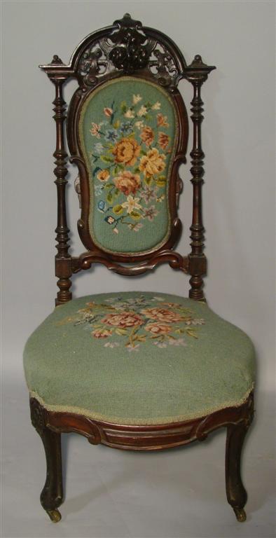 Appraisal: VICTORIAN CARVED SIDE CHAIR Green needlepoint upholstery