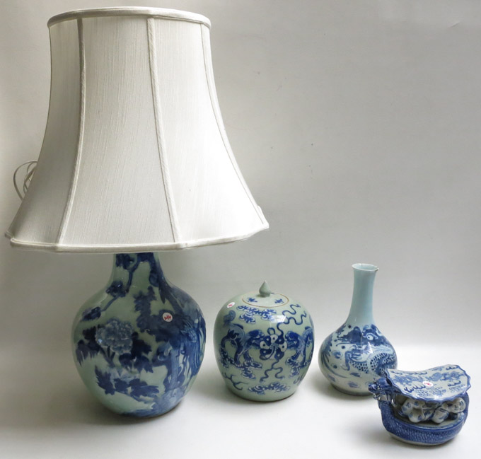 Appraisal: FOUR CHINESE BLUE AND CELADON PORCELAIN VESSELS including a bottle-form