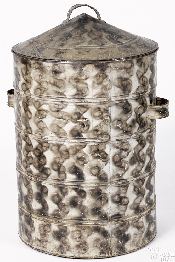 Appraisal: Large smoke decorated tin canister Large smoke decorated tin canister