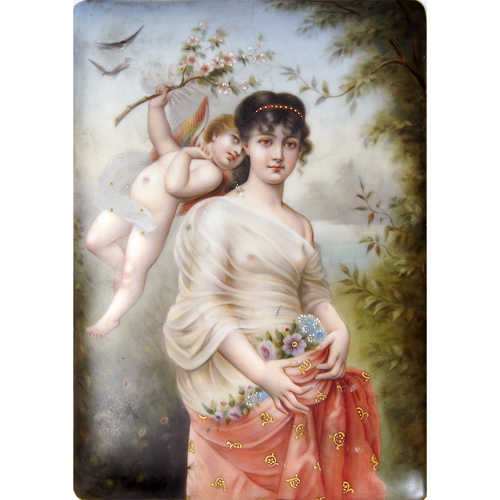 Appraisal: Hand-painted porcelain plaque of a young woman draped in a