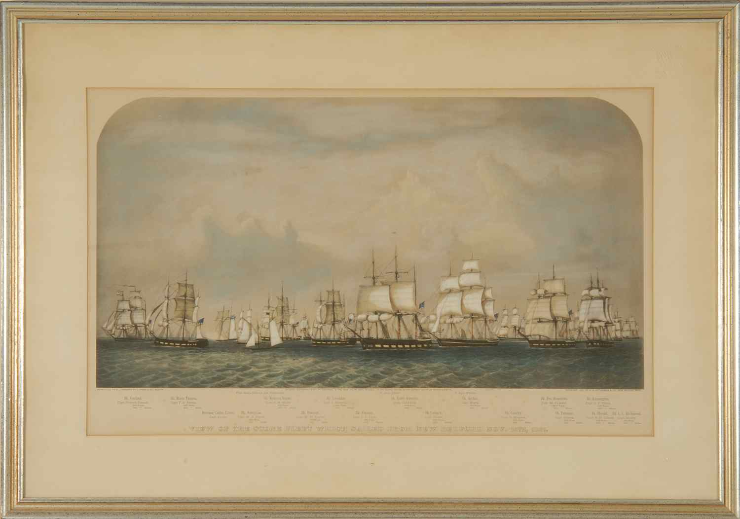 Appraisal: FRAMED AND MATTED COLORED PRINT View of the Stone Fleet