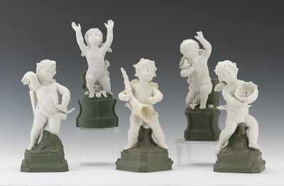 Appraisal: Five Parian Cherubs on Jasper Green Bases Two figures on