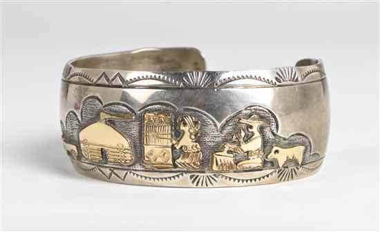 Appraisal: A Navajo Gold and Sterling Silver Storyteller Style Cuff Bracelet