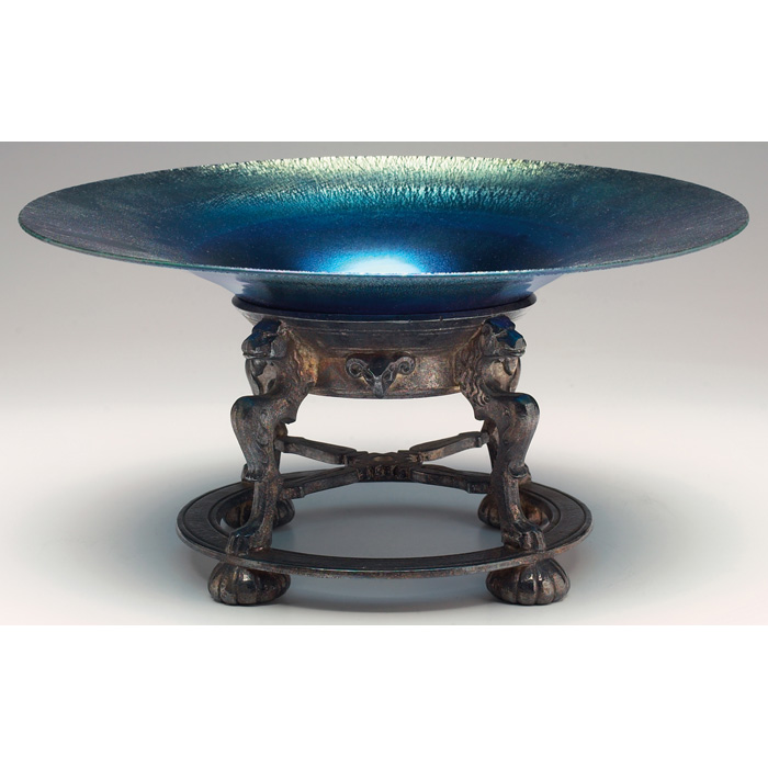 Appraisal: Unusual Lustre Art compote blue iridescent glass bowl held in