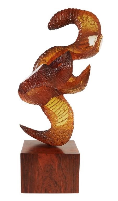 Appraisal: Abstract sculpture in amber lucite by Frances Sonnenberg Signed Mounted