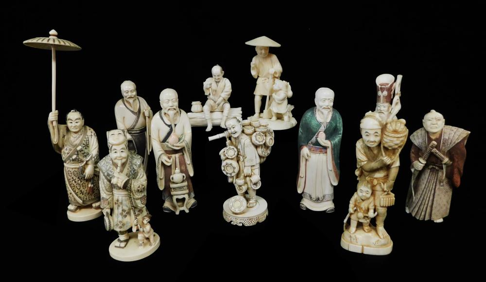 Appraisal: ASIAN ELEVEN JAPANESE CARVED IVORY FIGURES TH C SOME WITH