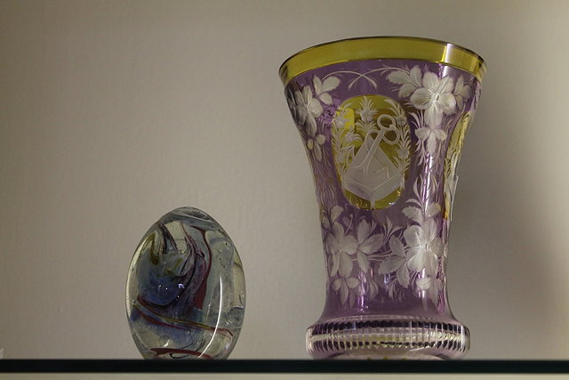 Appraisal: AN AMETHYST AND YELLOW INTAGLIO CUT GLASS VASE with reserve