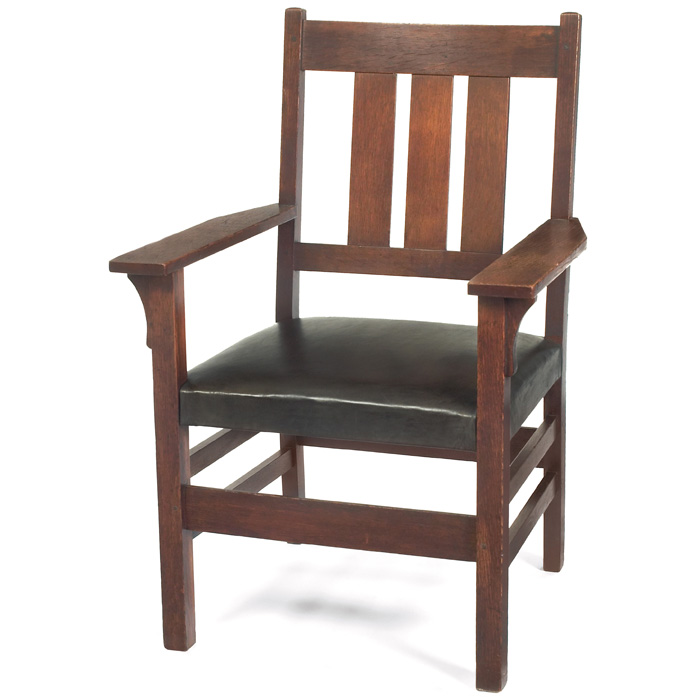 Appraisal: Gustav Stickley armchair A three vertical slats at back over