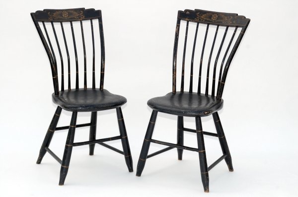 Appraisal: Pair Windsor chairs Black overpaint with gold stenciling MEASUREMENTS Seats