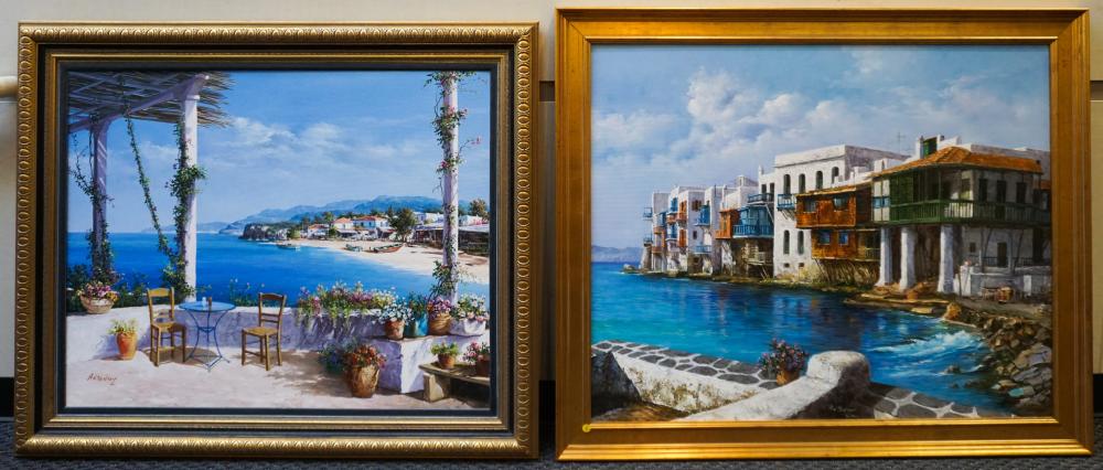 Appraisal: GREEK COASTAL TOWNS TWO OILS ON CANVAS SIGNED ANTONIOY EACH