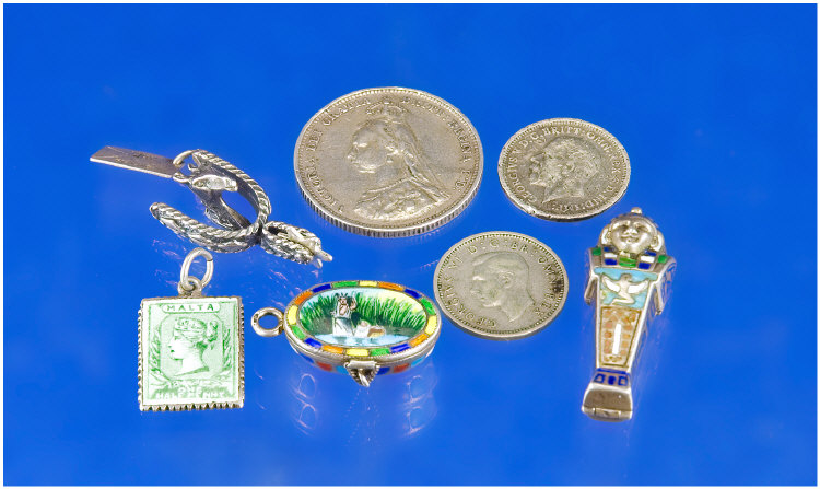 Appraisal: Enamelled Silver Charms comprising Egyptian Sarcophagus with removable mummy Moses