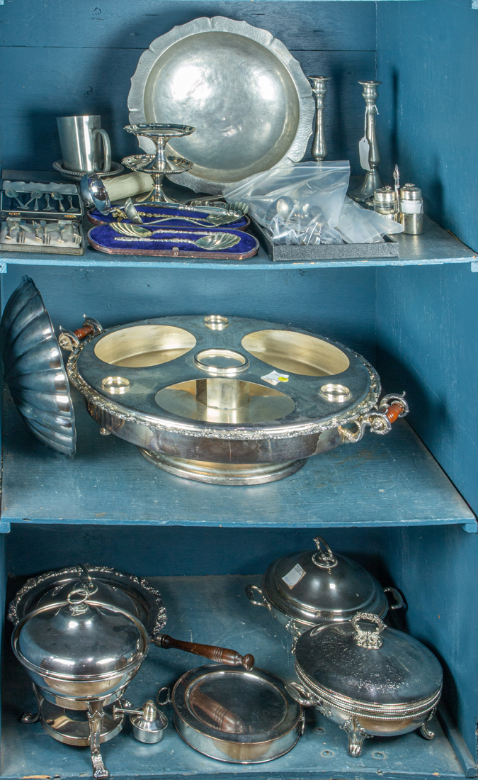 Appraisal: THREE BINS OF MOSTLY SILVER PLATE TABLE ARTICLES INCLUDING SERVING