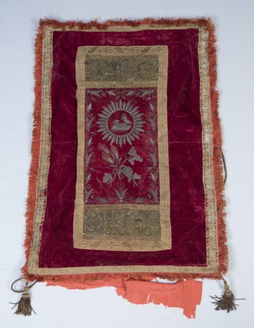 Appraisal: Three Religious Textile Banners Red velvet with panels of saints