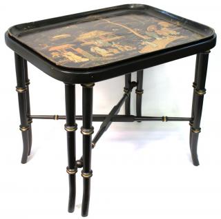 Appraisal: French Lacquered Papier The hand-painted vintage black tray ornately illustrated