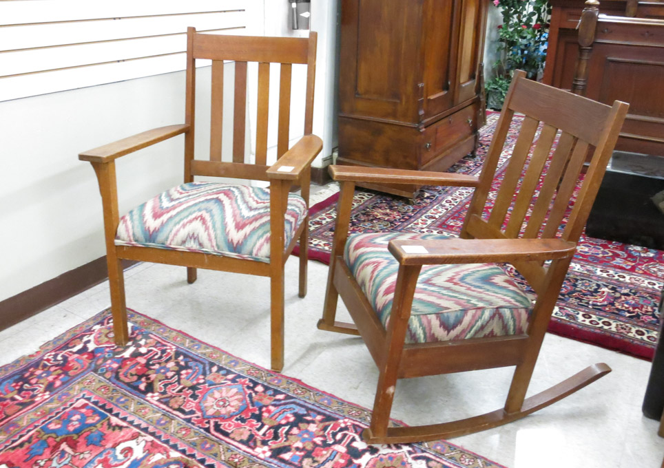 Appraisal: CRAFTSMAN OAK ROCKER AND ARMCHAIR American c both having four