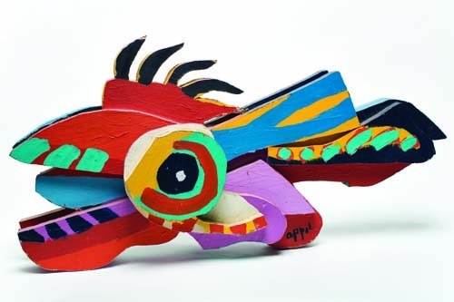 Appraisal: KAREL APPEL Flying Fish Wood multiple hand painted in acrylic