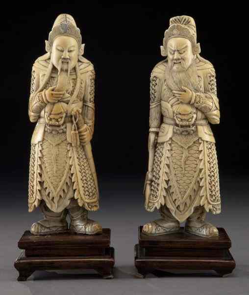 Appraisal: Pr Chinese Qing carved ivory warriors International buyers should note