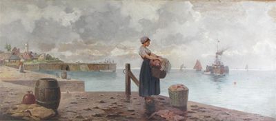 Appraisal: R Andriz Dutch c Fishergirl on the harbour Signed Oil