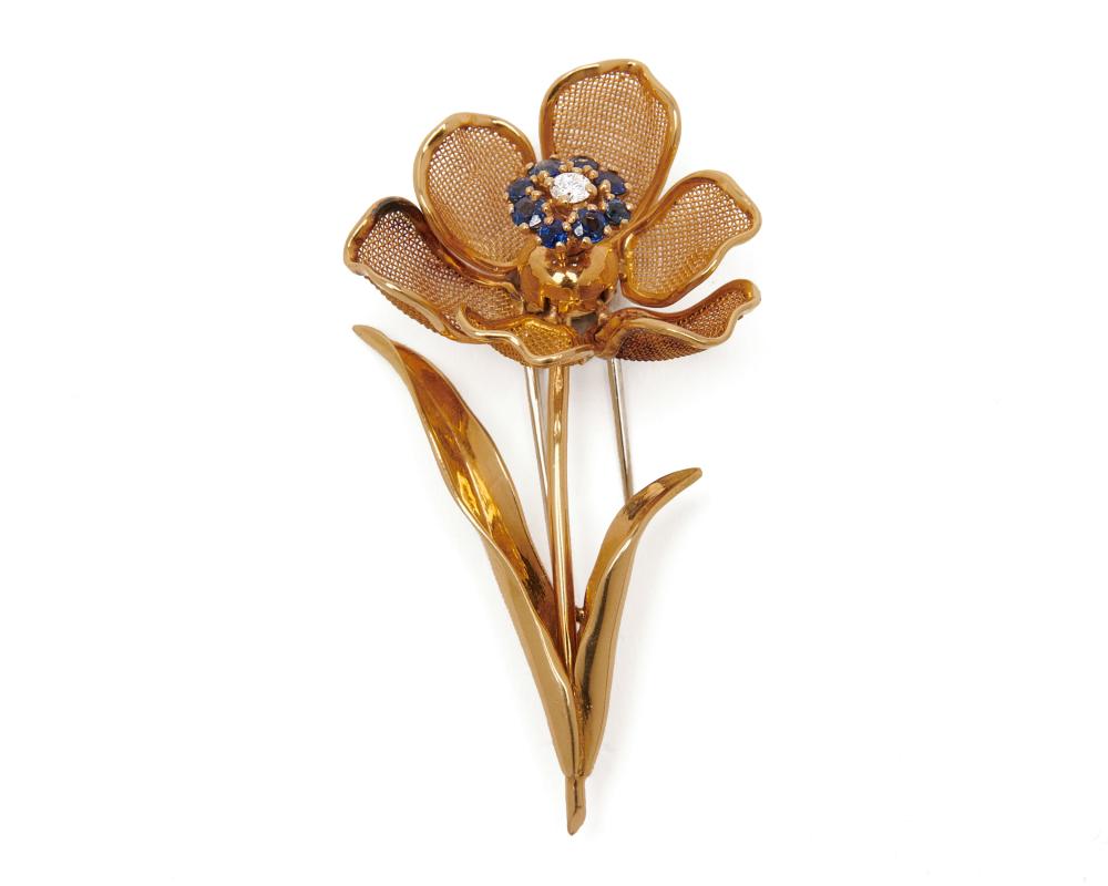 Appraisal: CARTIER K Gold Sapphire and Diamond Brooch France the floral-form