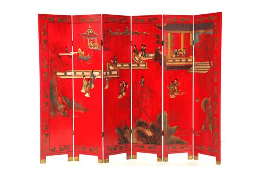 Appraisal: LACQUERED SIX-PANEL FOLDING SCREEN Asian early th century Polychrome carved