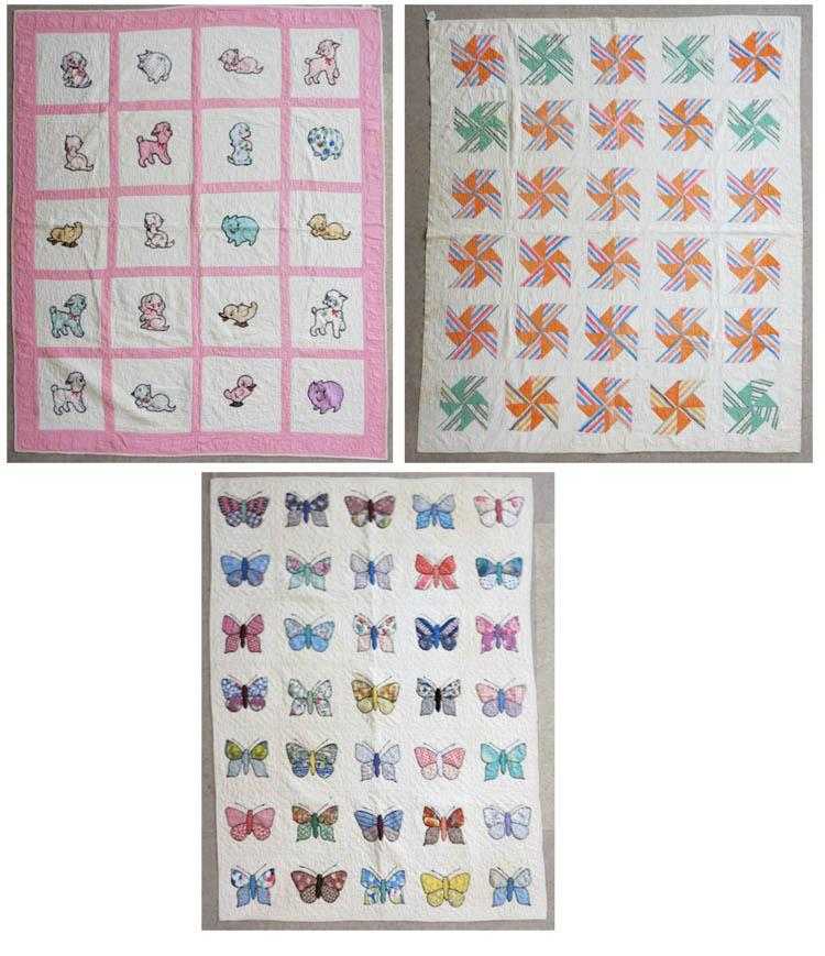 Appraisal: THREE AMERICAN COTTON QUILTS Butterfly applique pattern x Animal motif