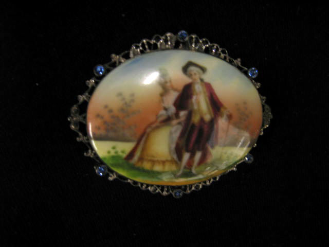 Appraisal: Victorian Brooch with Courting Scene painting on porcelain oval fancy