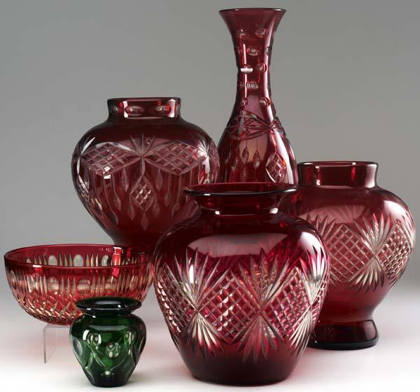 Appraisal: DURAND Six glass vessels with cut floral or geometric design