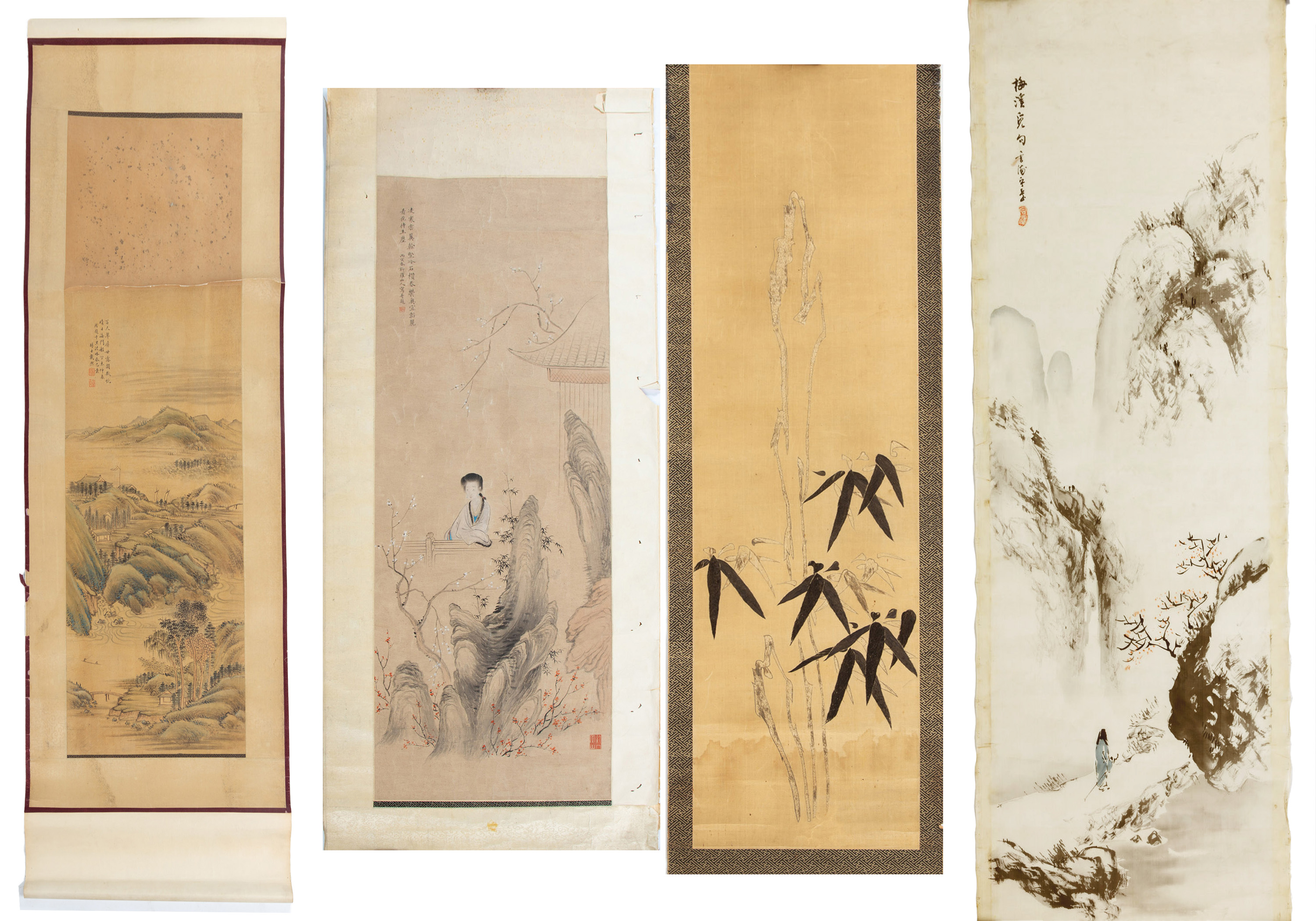 Appraisal: CHINESE HANGING SCROLLS Third Scroll is silk embroidery mounted on