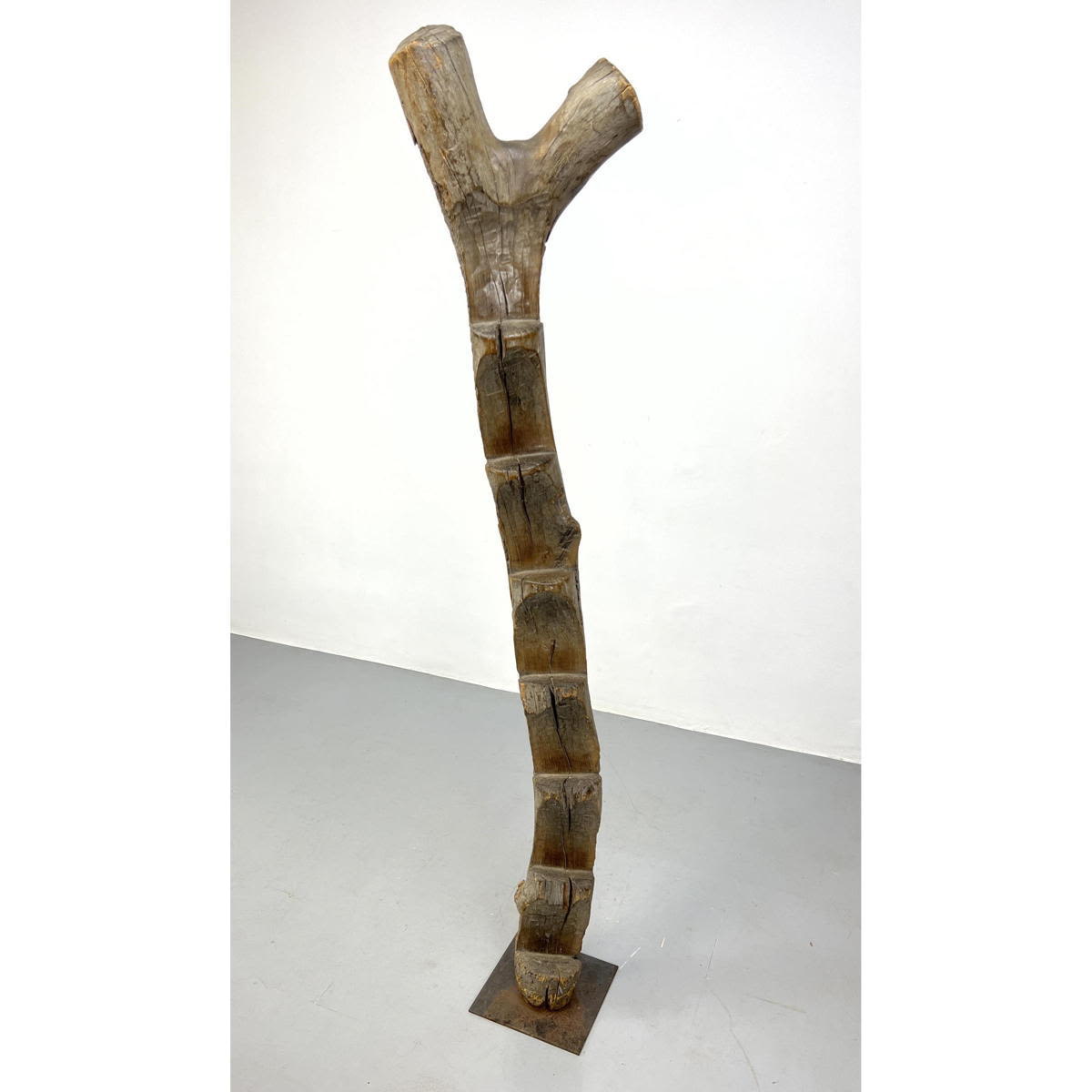 Appraisal: African Dogon Wood Ladder custom steel base Dimensions H inches