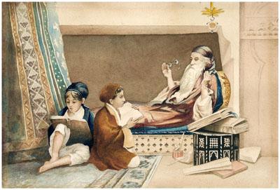 Appraisal: Orientalist watercolor teacher with two young students watercolor on paper