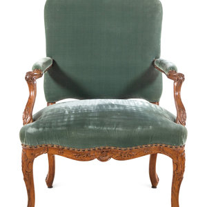 Appraisal: A R gence Velvet-Upholstered Beechwood Armchair th Century Height x