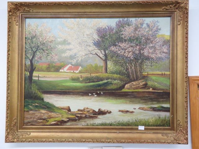 Appraisal: M Wancowsky oil spring landscape withducks on the water farmhouse