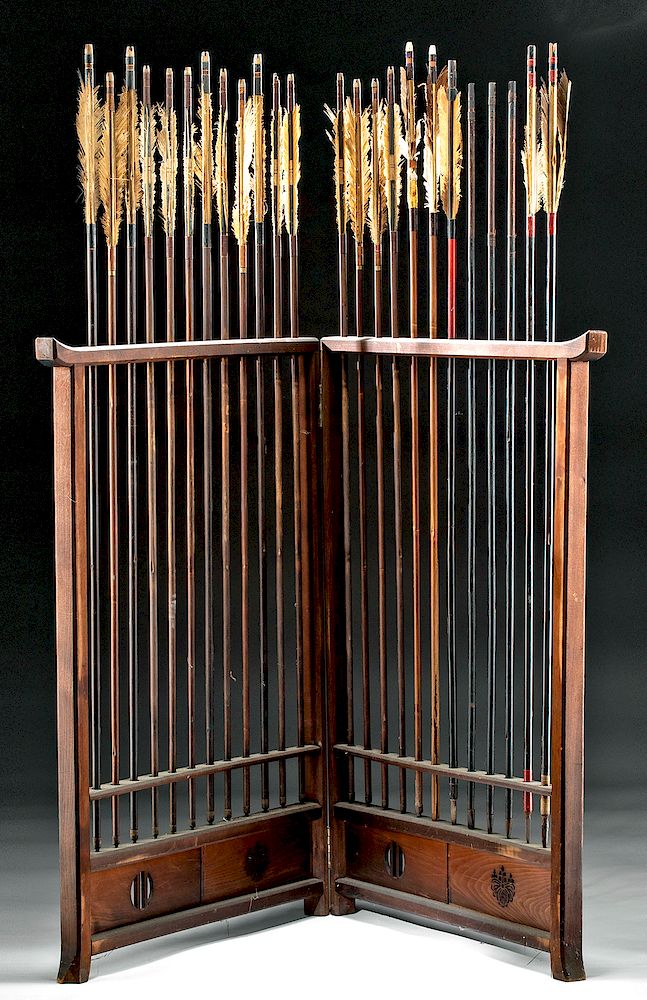 Appraisal: Japanese Edo Wood Folding Screen w Bamboo Arrows Holiday Shipping