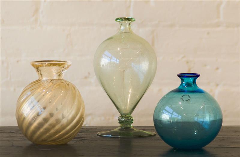 Appraisal: THREE VENETIAN GLASS VASES TWO VENINI The first blue globular