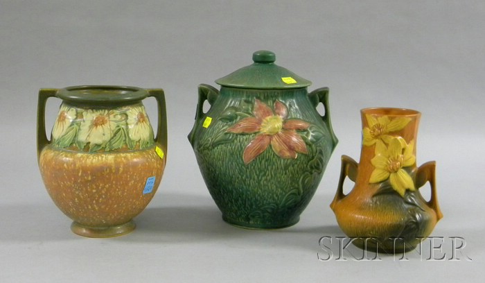 Appraisal: Three Pieces of Pottery two vases and a covered cookie