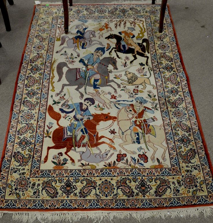 Appraisal: Isfahan pictorial throw rug ' x ' Isfahan pictorial throw