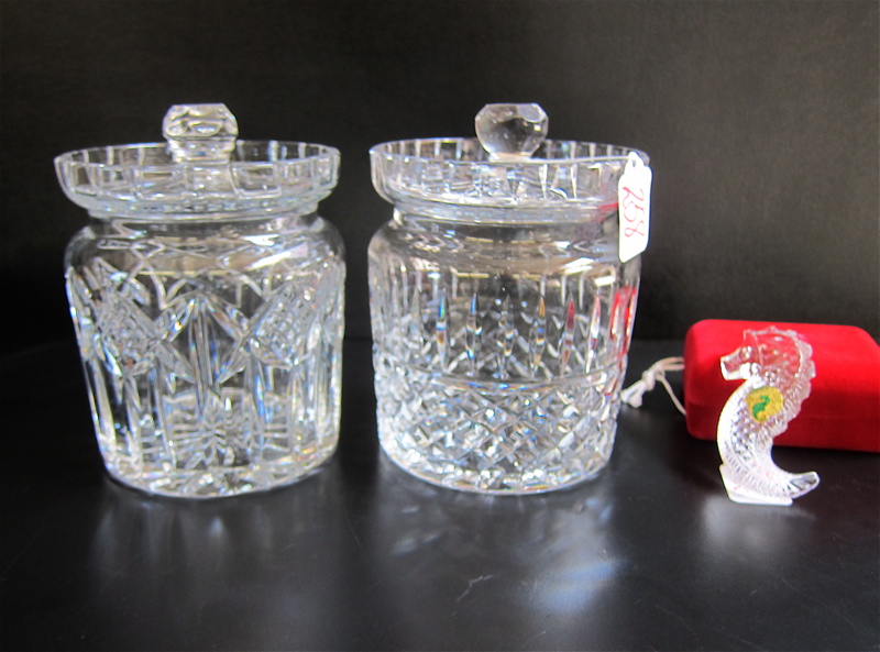 Appraisal: THREE WATERFORD CRYSTAL PIECES lidded biscuit jars and Waterford Society