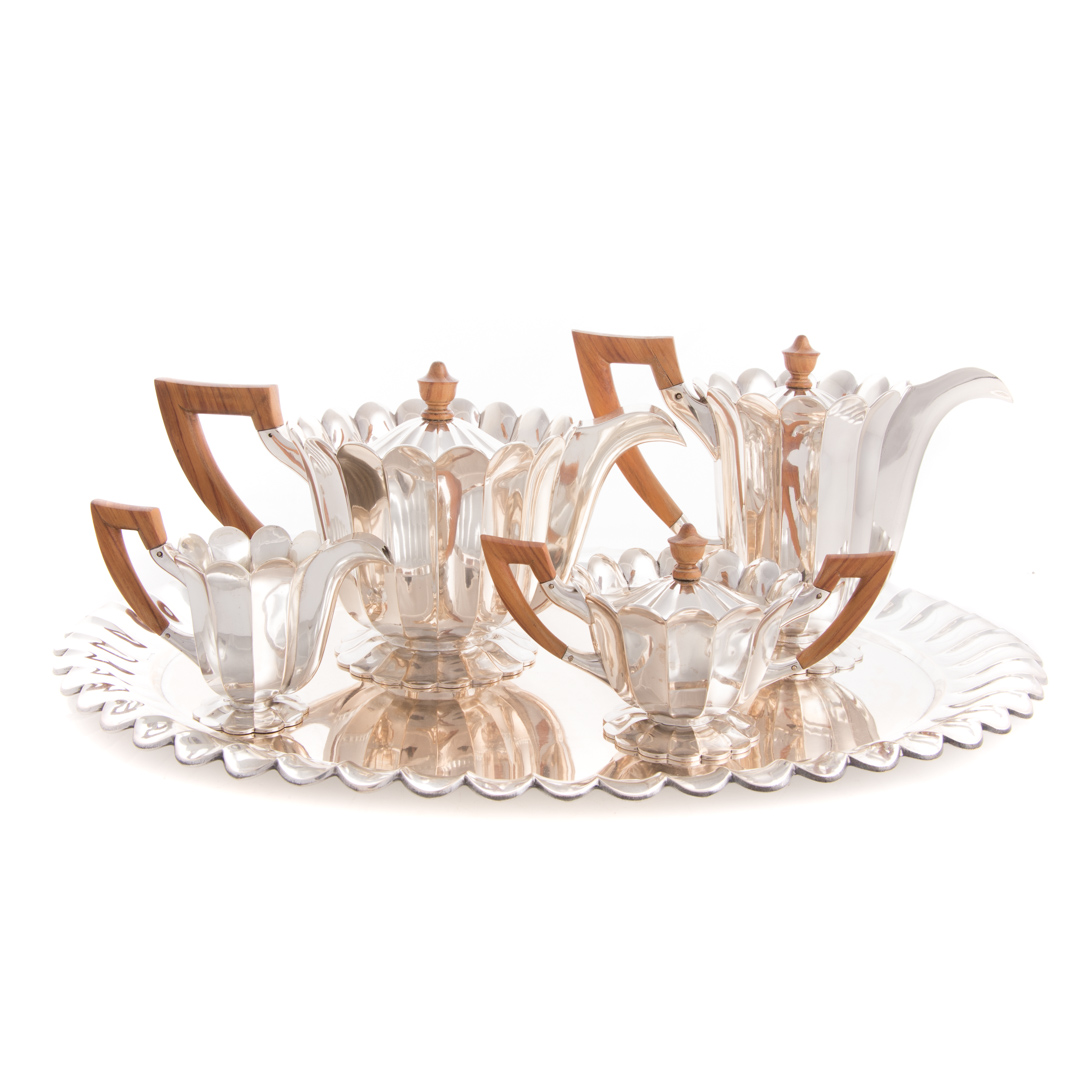 Appraisal: Art Deco silver tea coffee set and tray Continental silver